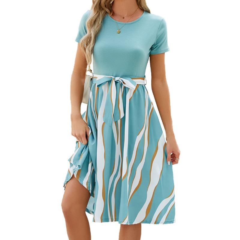 Spring Summer Round Neck Patchwork Printed Short Sleeved Dress with A Large Swing Casual Dresses