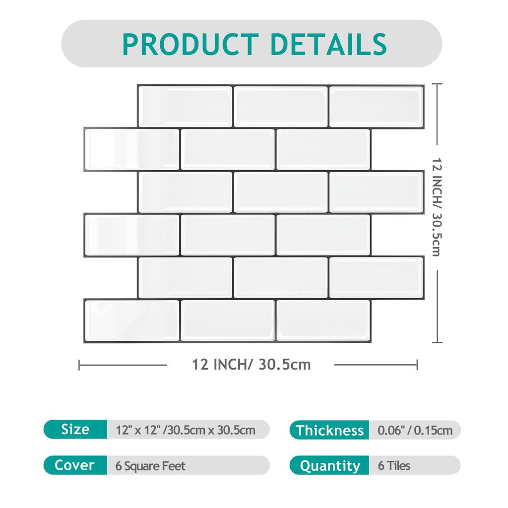 VEELIKE Waterproof Kitchen Tile Stickers, Heat Resistant, 6 Sheets, 30x30cm, Brick Pattern, White, Glossy, 3D Wallpaper Stickers, Wall Stickers, Mosai