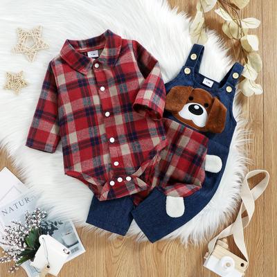 Infant Baby Boys Suit, Spring Autumn Long Sleeve Plaid Romper+Cartoon Dog Pattern Long Suspender Pants
