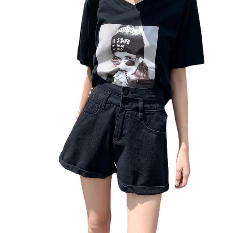 Comfortable Skinny Fashionable and Versatile Shorts Female Summer Thin Section A Word Pants Loose Super High Waist Black Jeans Rolled Wide Leg Pants