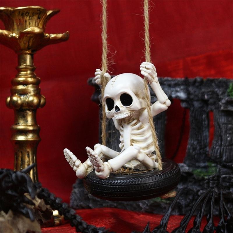 Scary Skeleton a Swing Hanging Statue Garden Decors Tire Swing Skull Sculptures Hanging Ornament for Patios Lawn Yard