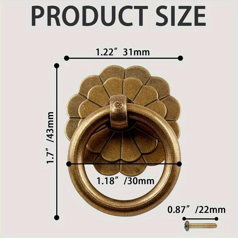 4Pcs Antique Brass Matte Metal Ring Pulls, Vintage Cabinet Knobs Handles for Drawer Closet Cupboard, Small Metal Ring Style Drawer Pulls