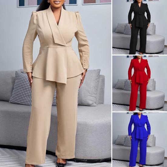 Womens Plus Size 2 Piece Outfits Long Sleeve Ruffle Irregular Hem Blazer Pants Set Business Suit Office Work Set