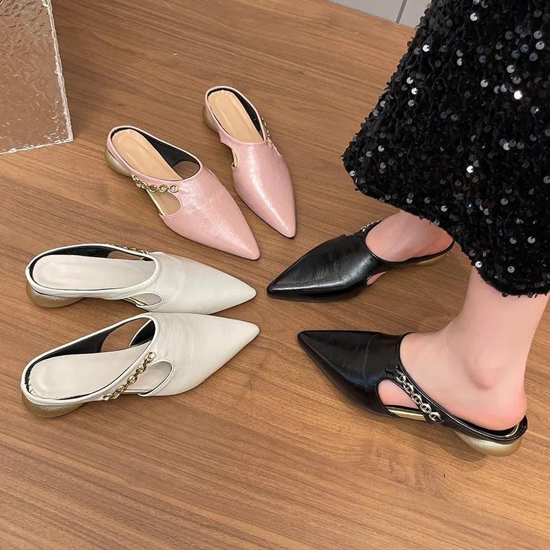 Fashion 2025New Hollow-out Baotou Semi-slippers Summer New Metal Chain Pointed Toe Shallow Mouth Thick Heel Wear Lazy Drag
