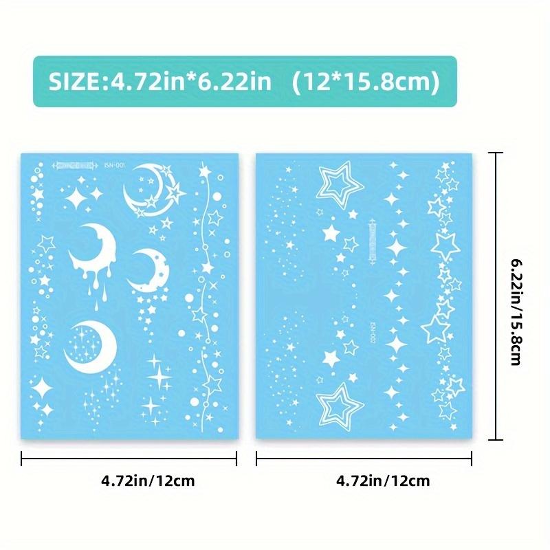 Adesivi per tatuaggi luminosi blu con luna e stelle per donne, design bianco, finti braccialetti, collane, tatuaggi per viso, petto, braccio, mano, dita, tatuaggio all'henné