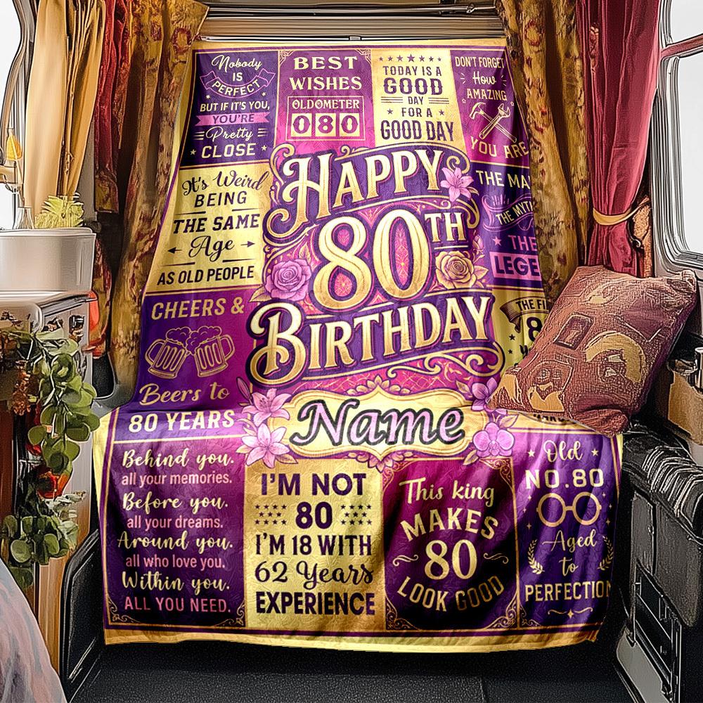 80Th Birthday Celebration Blanket Personalized Name Soft Comfortable Stylish Blanket Car Blanket Perfect For Travel Camping Outdoor Home Suitable For