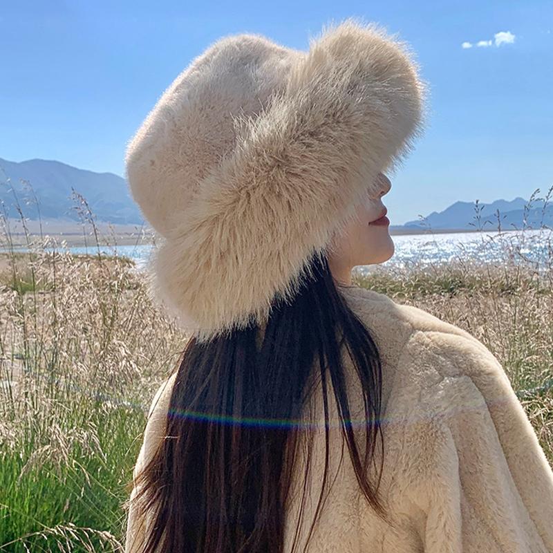 Fluffy Fur Bucket Hat For Women Plush Fisherman Hat Warm Women'S Winter Hat Thicken Cold Snowy Day Panama Cap Chrismas Gifts