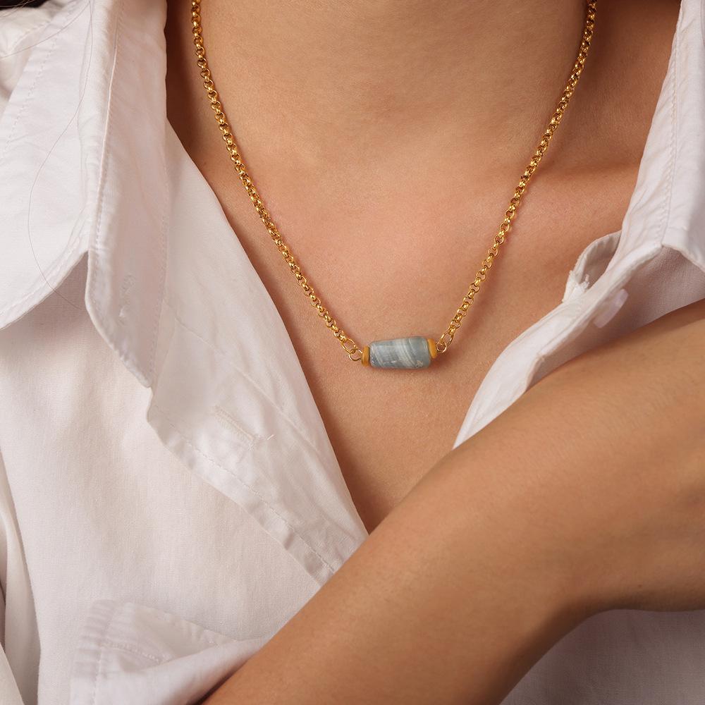 European-American Retro Geometric Natural Stone Pendant Necklace in Gold-Plated Titanium Steel