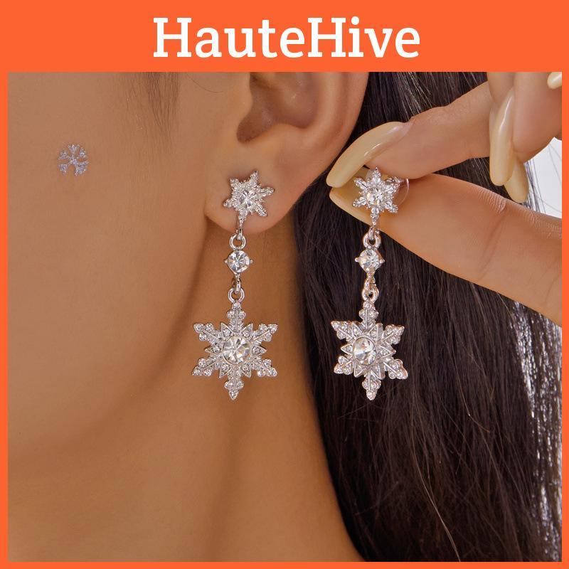 Elegant Snowflake Drop Earrings With Zircon Stones For Women Holiday Party Accessories