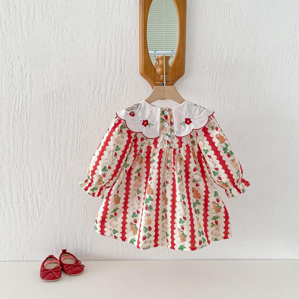 Korean Style Lapel Rabbit Embroidery Dress for Baby Girls, Ages 1-8, Long Sleeve, Spring/Autumn, Sweet Princess Style