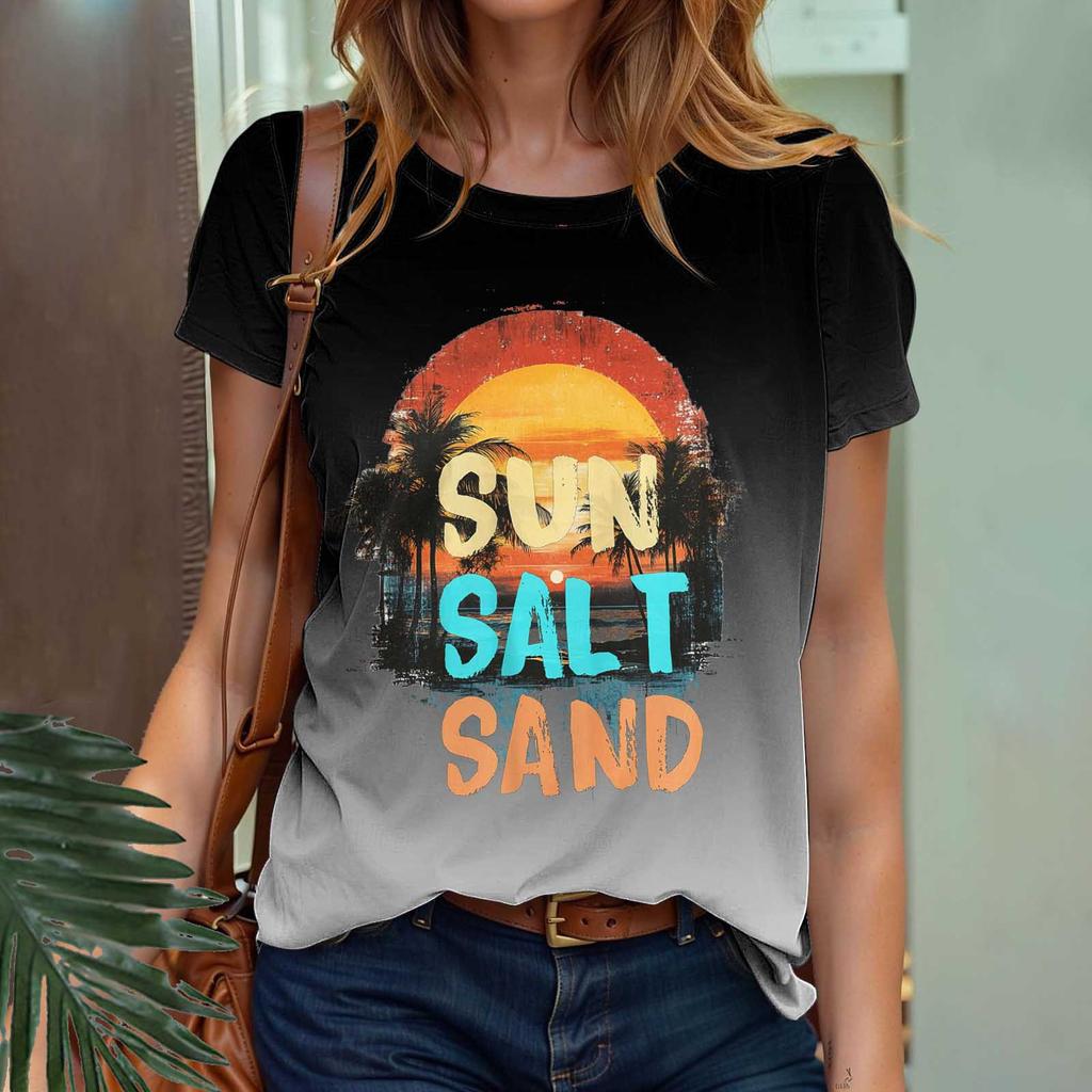 Summer Fruit Coconut Tree Gradient 3D Print Beach T-Shirts Short Sleeve O-Neck Women's T-shirts