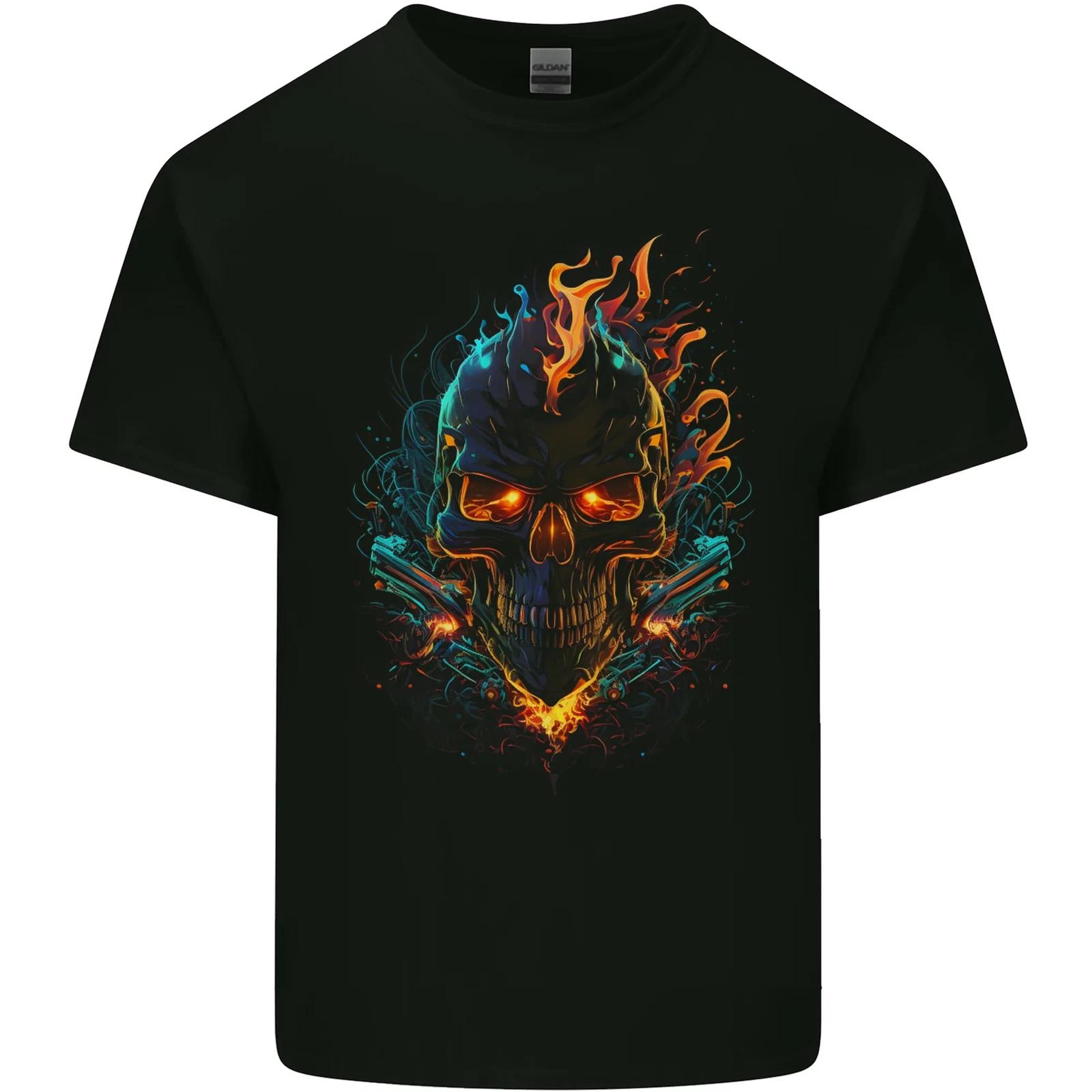 A Neon Skull With Flames Fantasy Demon T-Shirt Childrens 4XL