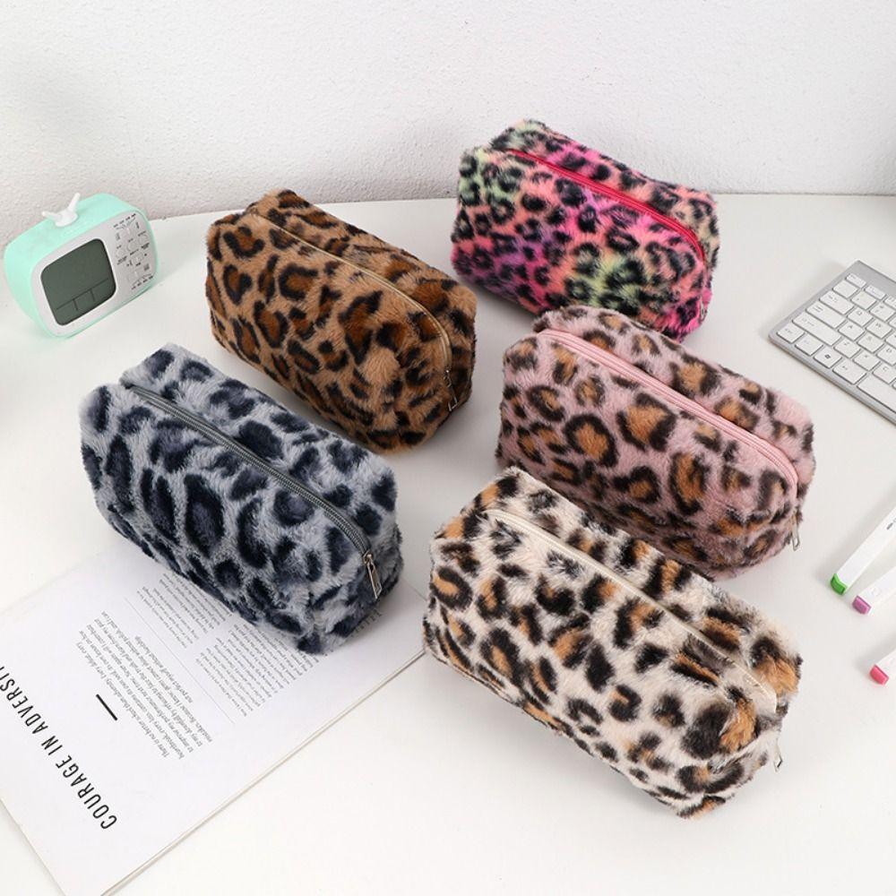 Leopard Print Women's Cosmetic Pouch Soft Cosmetic Storage Organizer Plush Makeup Bags  Ladies