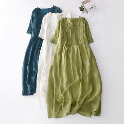 V-neck Retro Accordion-Pleated Dress – Literary Design In Solid Color Ramie, Slim Fit, Long Skirt for Women