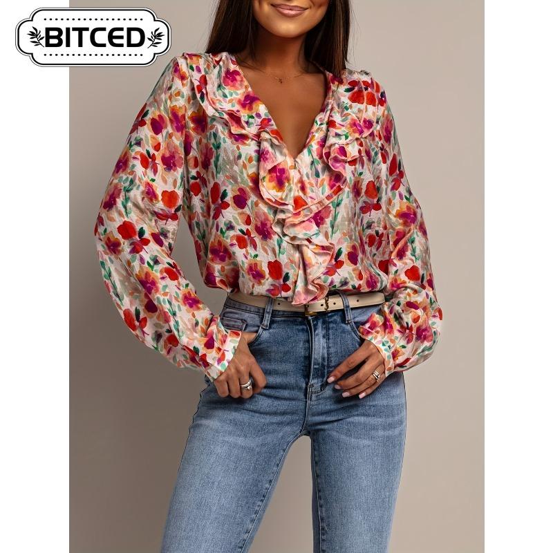 BITCED Damen Mode Lässige V-Ausschnitt Langarm Blusen & Hemden