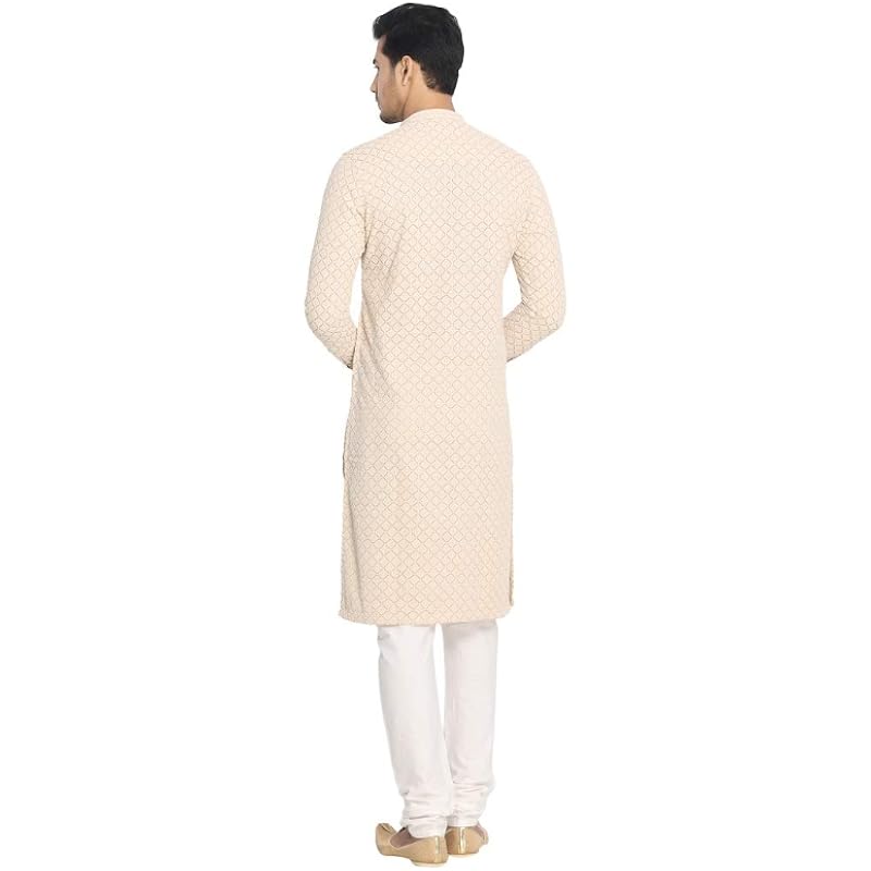 Manyavar Traditional Embroidered Kurta and Churidar Set For Men - (Light Biscuit, Medium)