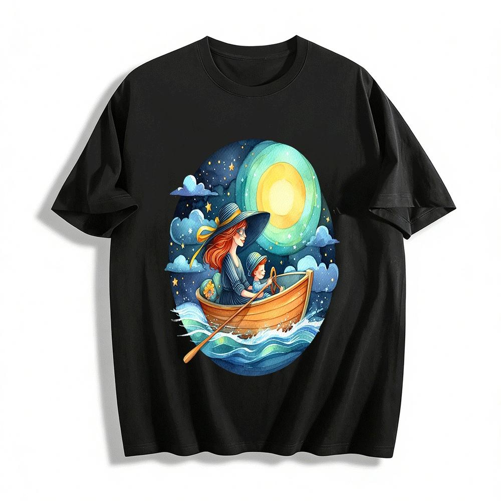 

Moonlit Boat Ride Parent-Child Print Casual T-Shirt for All Ages Pure cotton T-shirt XXS