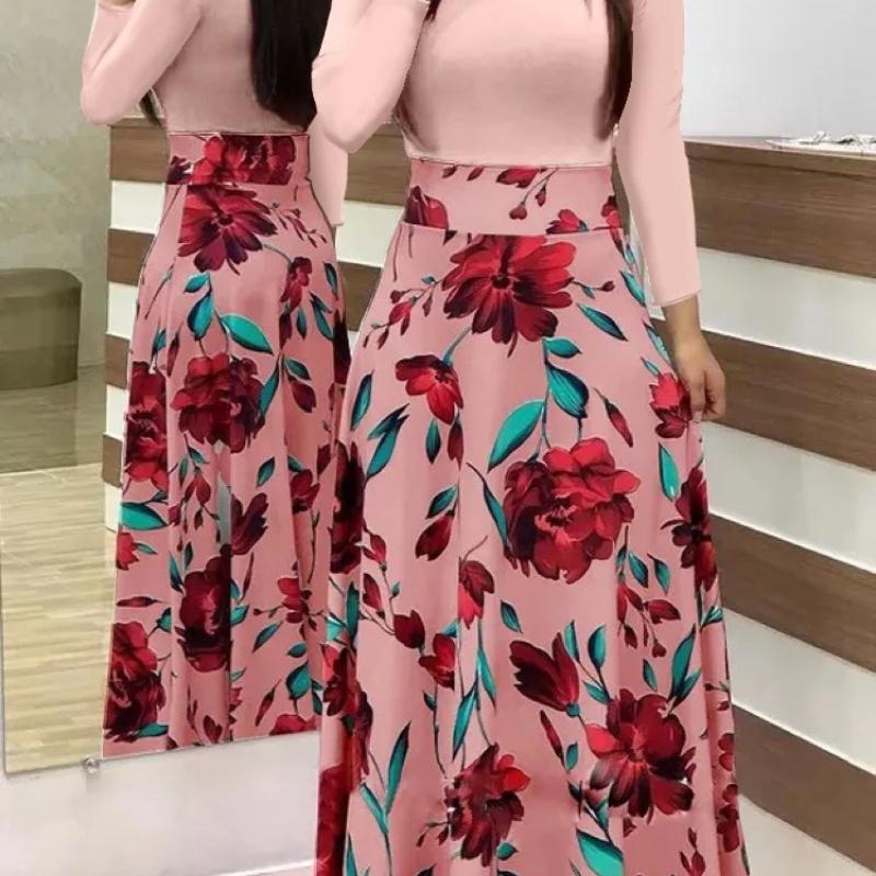 2024 European and American style flower print color matching short sleeved dress for women's large swing skirt