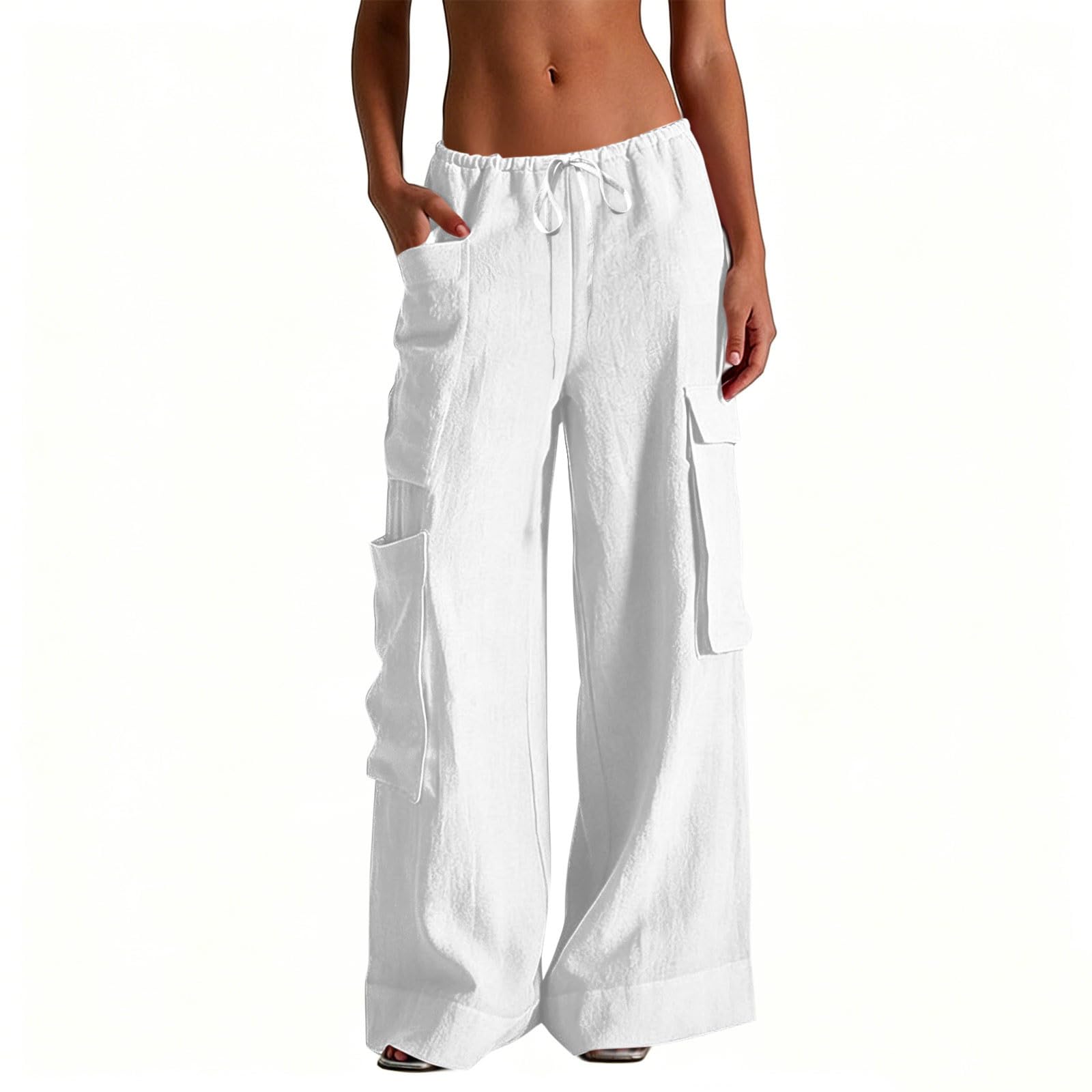 

Women Casual High Waisted Wide Leg Beach Vacation Pants With Pockets XL білий