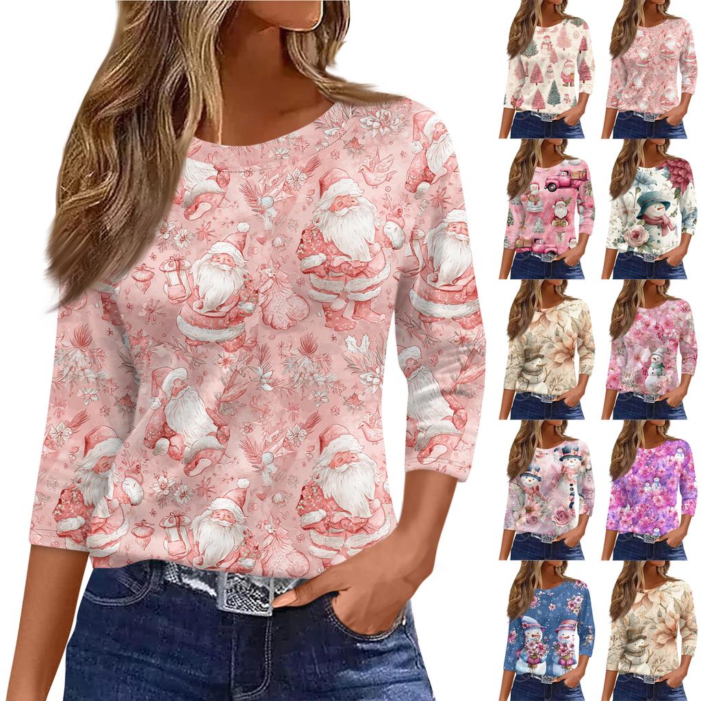 3/4 Length Sleeve Womens Tops Floral Print Vintage Fashion Casual Loose With Round Neck Plus Size Shirts
