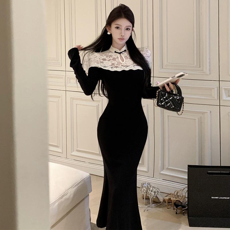 

Женское ретро-платье в национальном стиле с кружевом и вставками из тонкого хлопка L