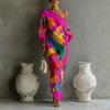 Women's One Shoulder Midi Dress Color Block Graffiti Print Three Quarter Sleeve Casual Street Style Long Dress