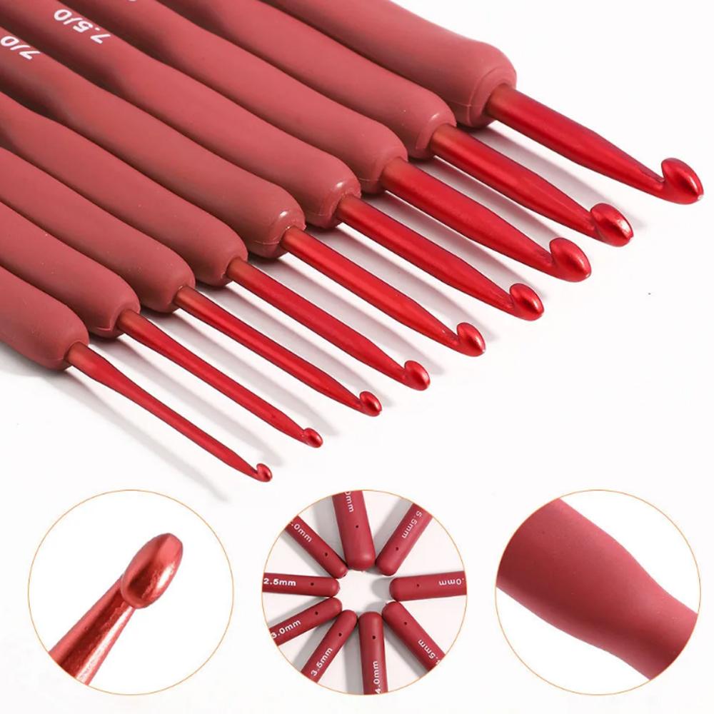 9pcs Red Black Crochet Hooks Needle Silicone Handle Aluminum Crochet Needle Set Needles Sweater Weave DIY Sewing Knitting Tool