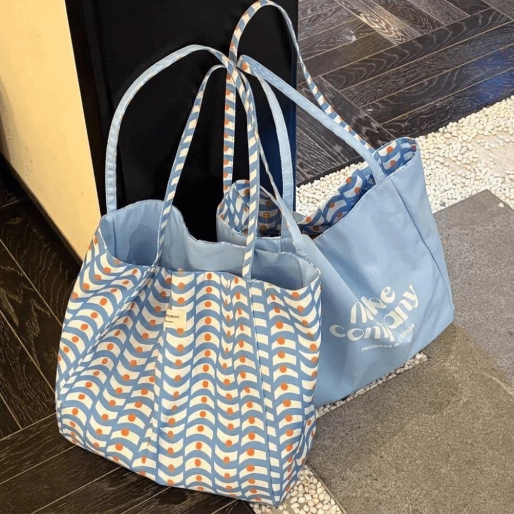Large Capacity Double Sided Reversible Tote Bag Polyester Nylon Handbag Plaid Shoulder Bag School синий
