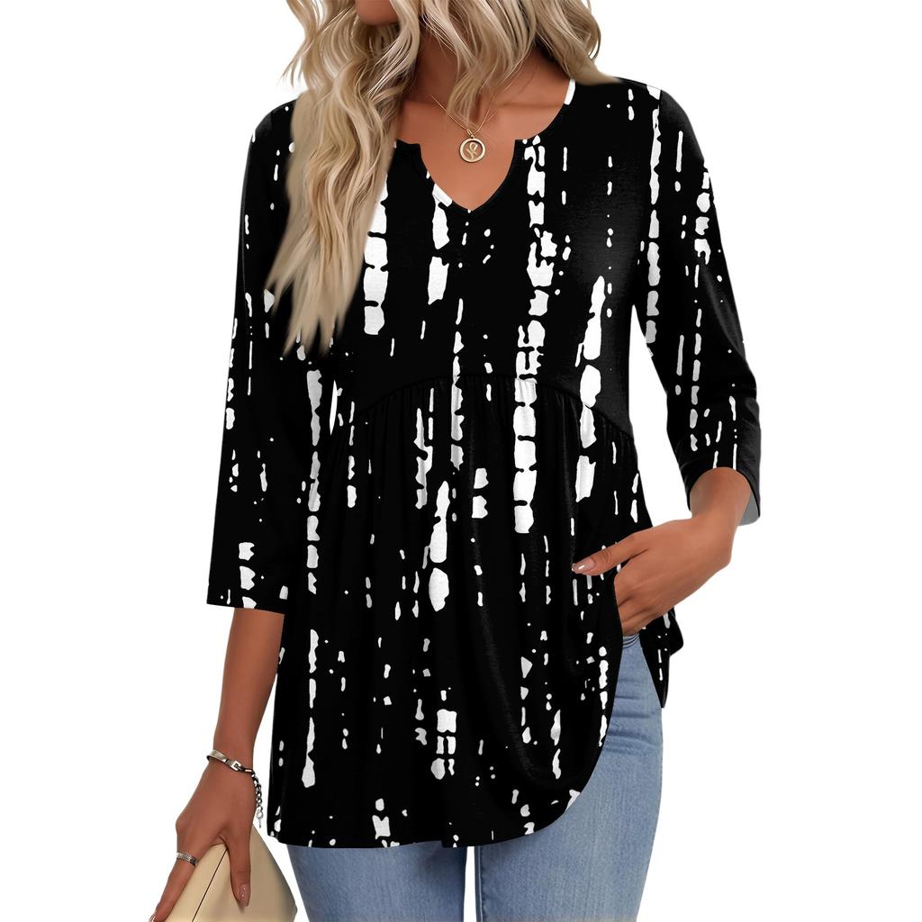 Women's Casual Plaid Print V-Neck Three-Quarter Sleeve Blouse for Everyday Wear