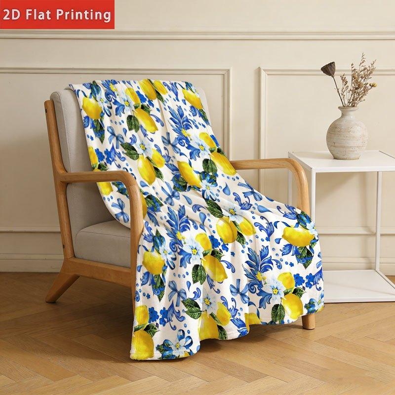 Lemon Blue Floral Flannel Throw Blanket Yellow Fruit Mediterranean Style Soft Sofa Bed Blanket