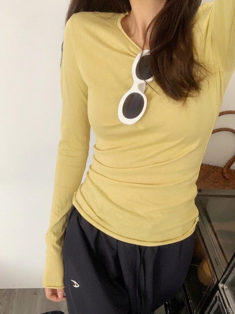 Grey thin sunscreen blouse women's early spring slim-fitting simple and slightly transparent long-sleeved T-shirt with top and bottom shirt