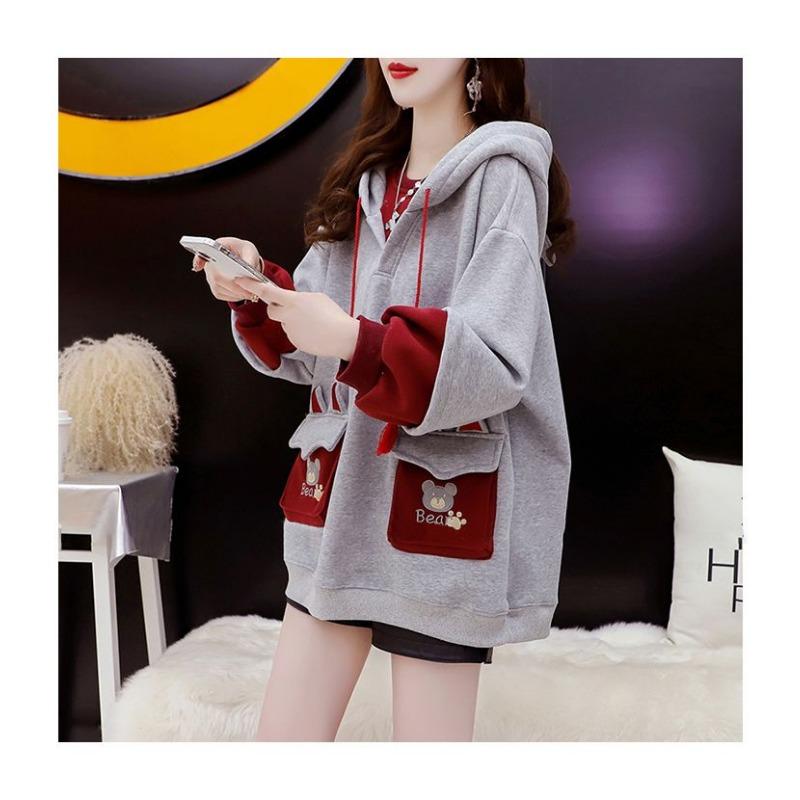 Design Niche Plus Velvet Thickened Hooded Sweatshirt for Women Winter New Korean Style Loose Splicing Top