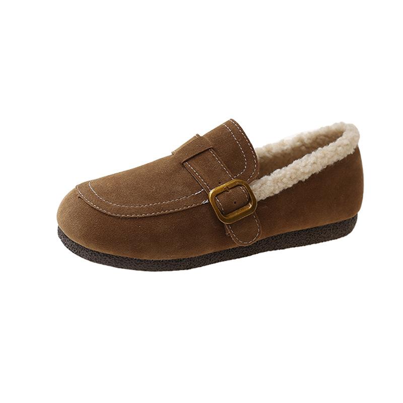 winter shoes woman buckle belt fur flats round toe suede leather furry mocasines female cozy plush slip on loafers shoes woman