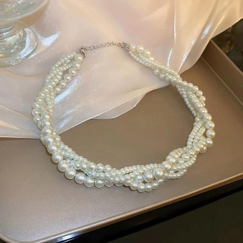 Natural Freshwater Pearl Necklace Multilayer Beaded Choker Necklace Collarbone Chain Elegant Jewelry Gift for Women Girl