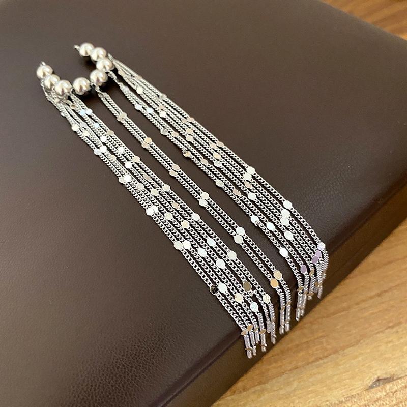 Simple Long Tassel Clip Earrings for Women Exquisite Single Ear Cuff Beaded Drop Earrings Luxury Vintage Versatile Jewelry Gift