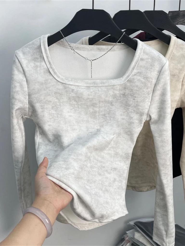 Women's French Square Neck Tie-Dye Thermal Slim-Fit Long Sleeve Top - Autumn/Winter New Arrival