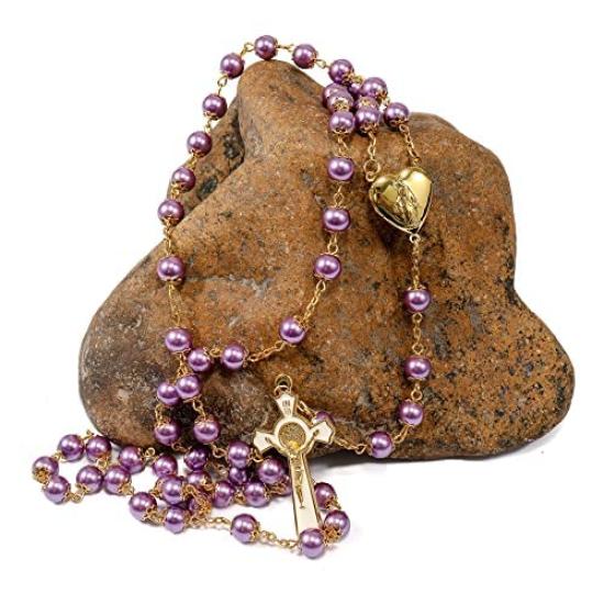 Nazareth Store Purple Pearl 8mm Bead Rosary Necklace Gold Prayer Chaplet Miraculous Open Up Locket Centerpiece Medal White Enamel No Gemstones Cross,