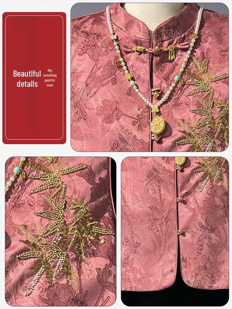 Spring/Autumn Gold Velvet Three-Piece Set: Chinese-Style Vest & Embroidered Top for Middle-Aged and Elderly Women.