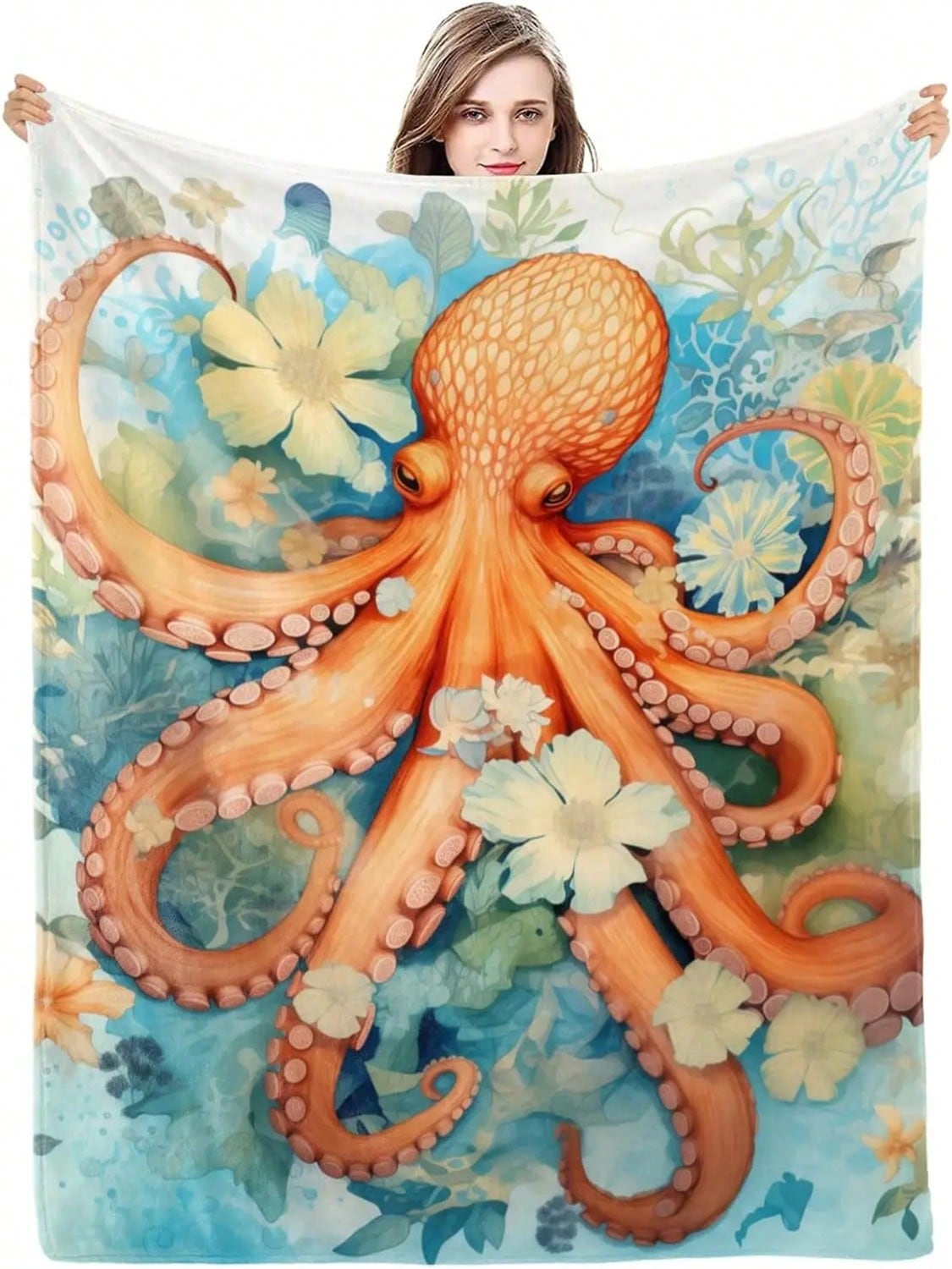 Octopus Blanket -340 GSM Ocean Animal Flannel Blanket For Teens -; Flowers Throw Blanket Gifts -Soft Octopus Print Blanket For C 75X95CM
