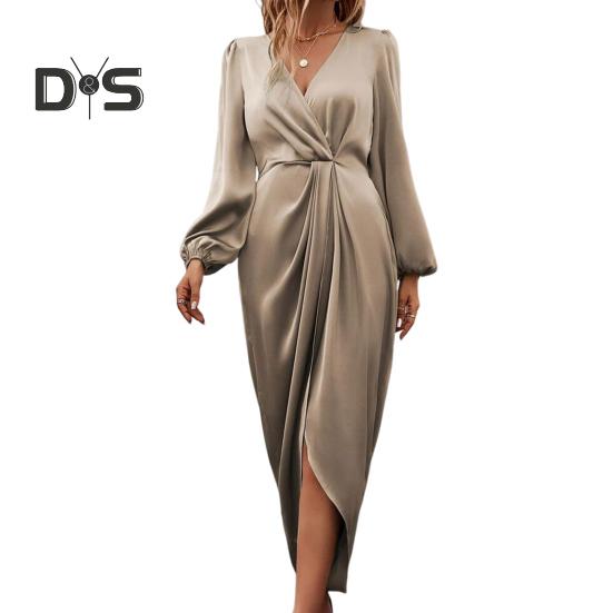 

Женское платье с неровным разрезом по низу, высокой талией, плиссировкой, длинными рукавами-фонариками, однотонное платье с V-образным вырезом, для торжественной вечеринки, банкета, макси-платье S шампанского