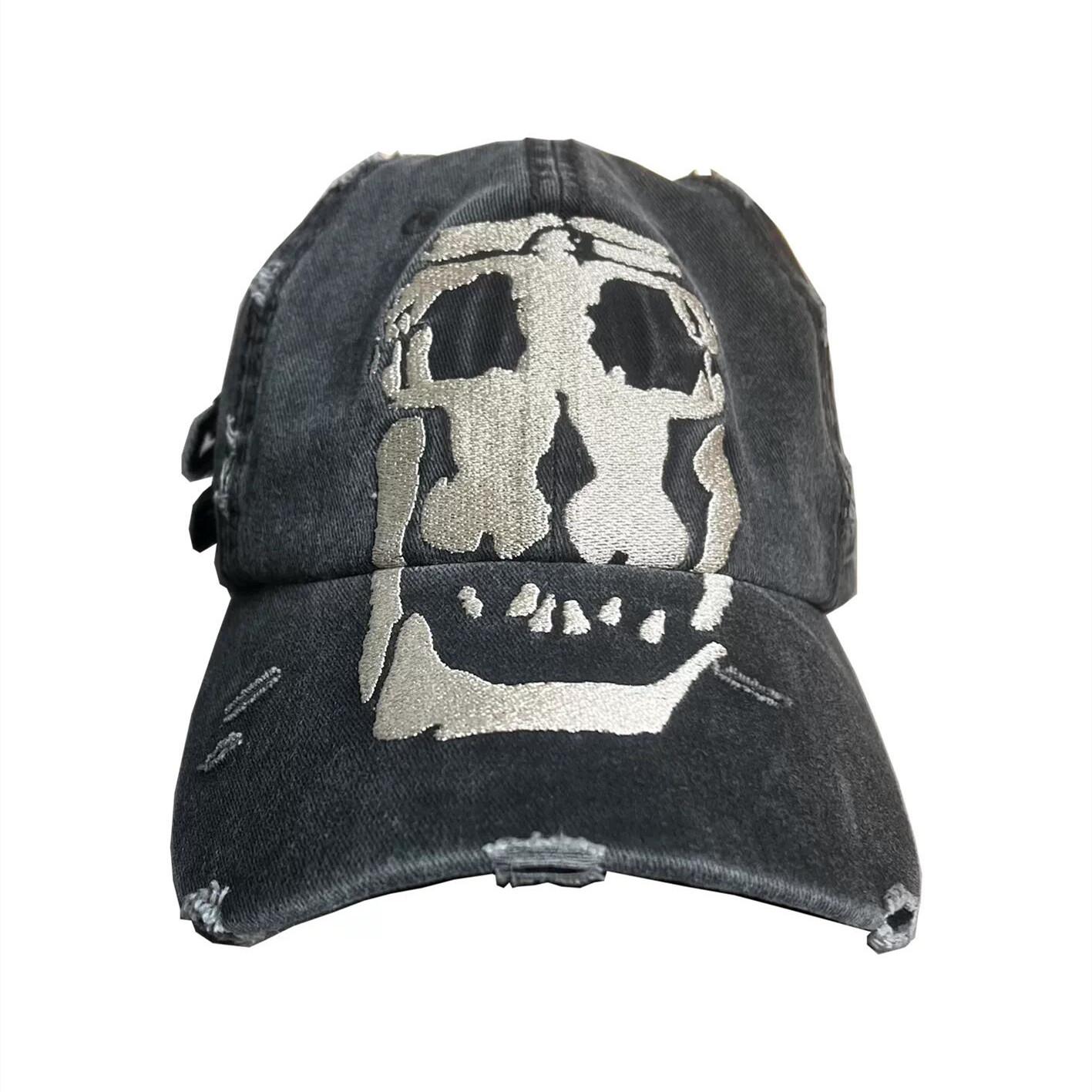 

Skull Embroidery Washed Distressed Vintage Baseball Cap Man Woman Ripped Hole Hip Hop Punk Hat Adjustable чёрный