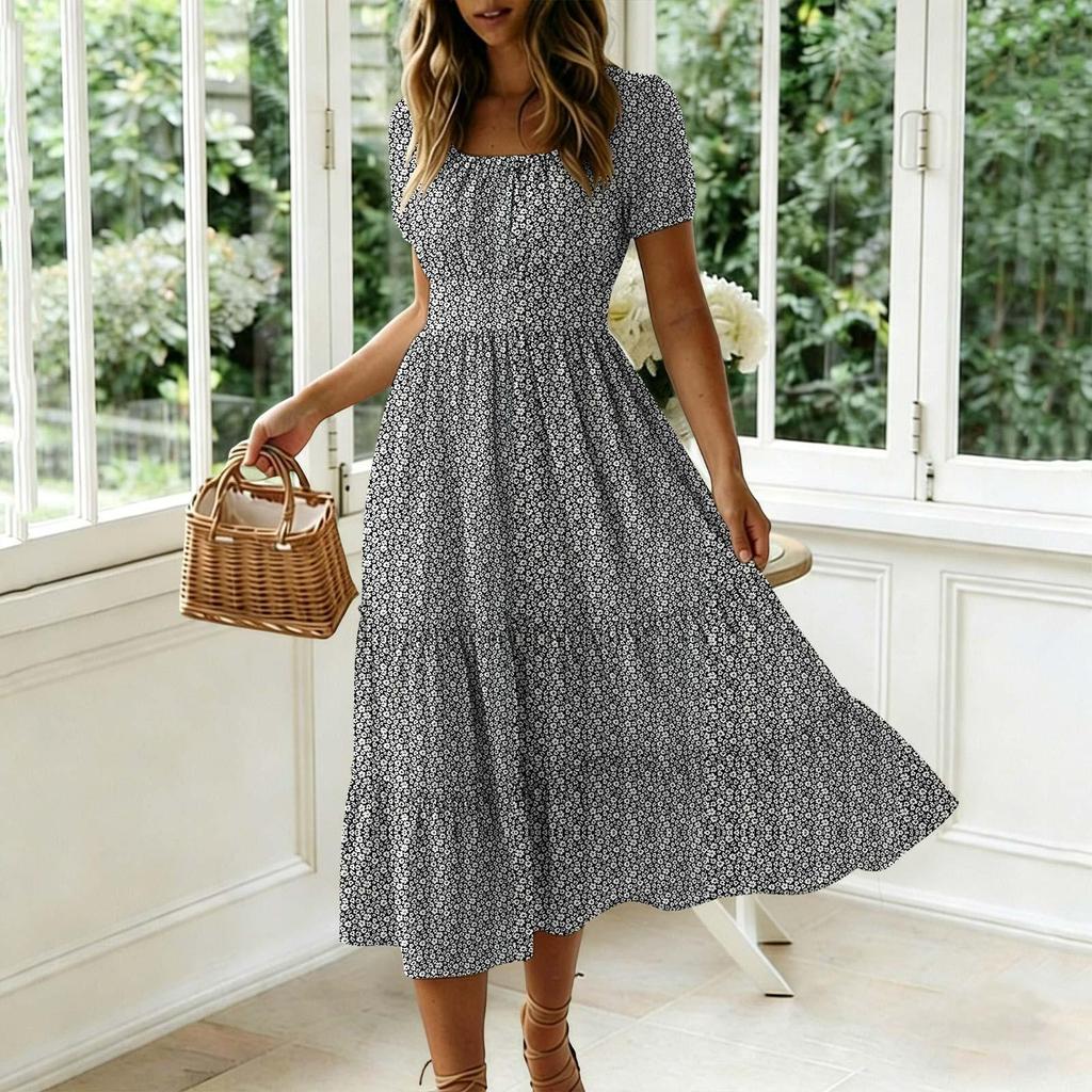 Spot New Trendy Floral Puff Sleeve Square Neck Long Dress