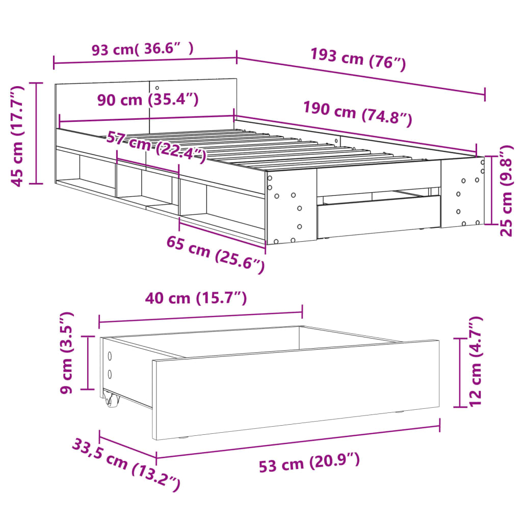 Bed Frame with Drawer Concrete Grey 90 x 190 cm Engineered Wood