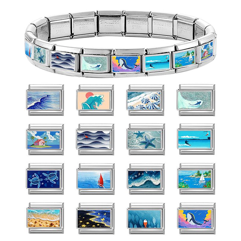 Fashion Blue Ocean Series Star Butterfly Whale Ship Italian Charm Links Fit 9mm Stainless Steel Bracelet Women DIY Making Gifts