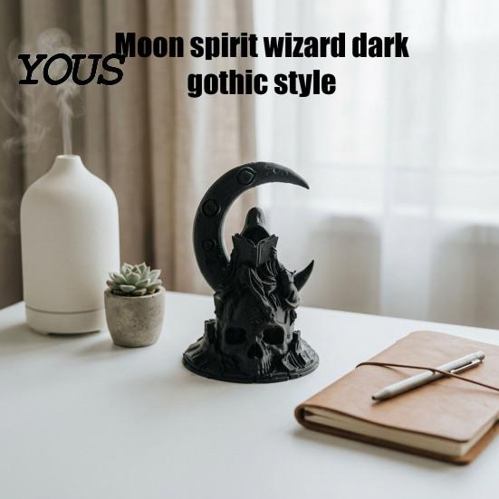Moon Spirit Wizard Statue 3D Printed Figurine, Gothic Dark Decor Aesthetic Room Accessories with Skull Crescent Base, Halloween Tabletop Decoration