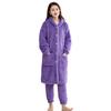 2 Pcs/Set Women Winter Bathrobe Pants Set Thick Fleece Keep Warm Hooded Robe with Pockets Loose Homewear Sleepwear Pajamas