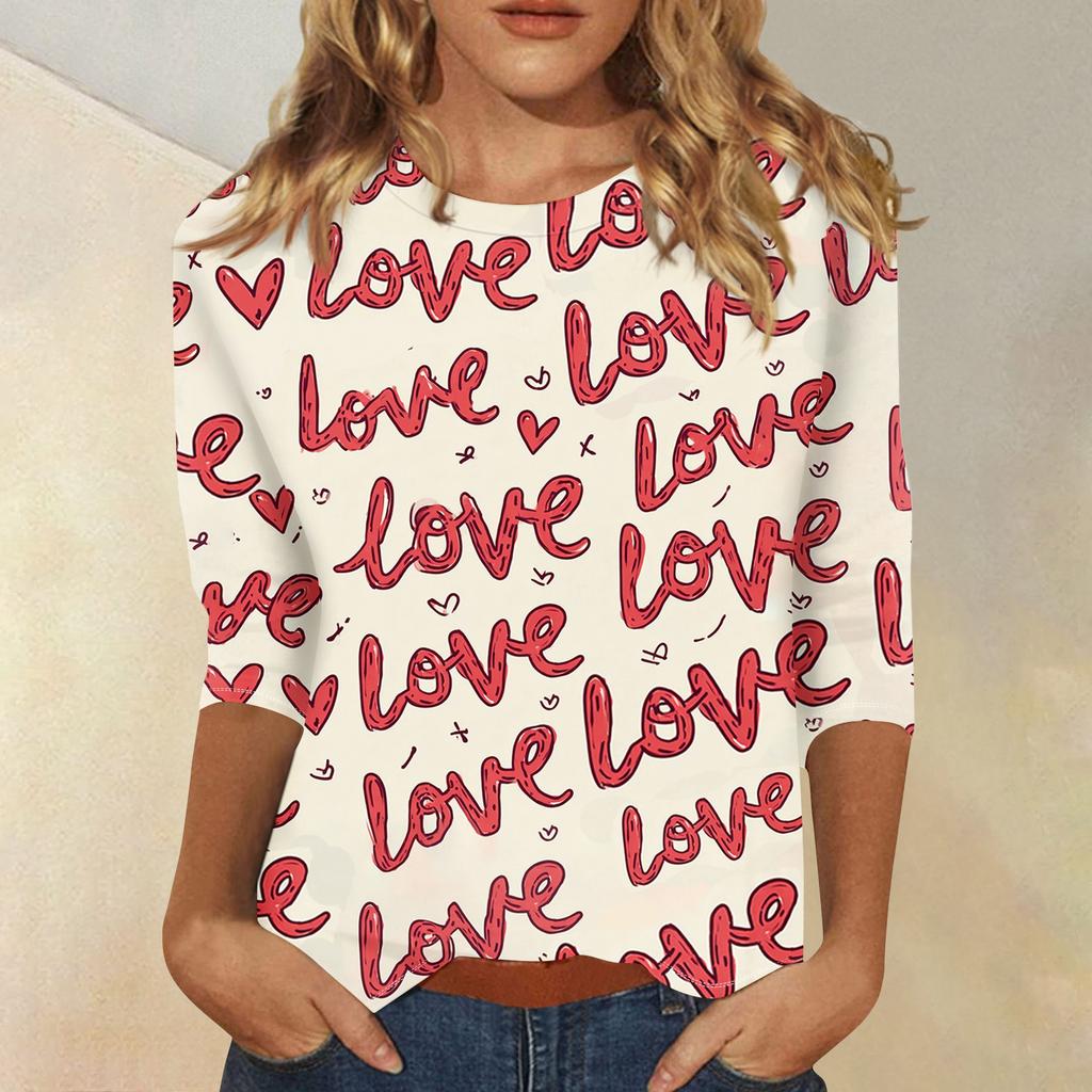 Women's Fashionable Casual Three,quarter Sleeve Heart,shaped Printed Round,neck Top