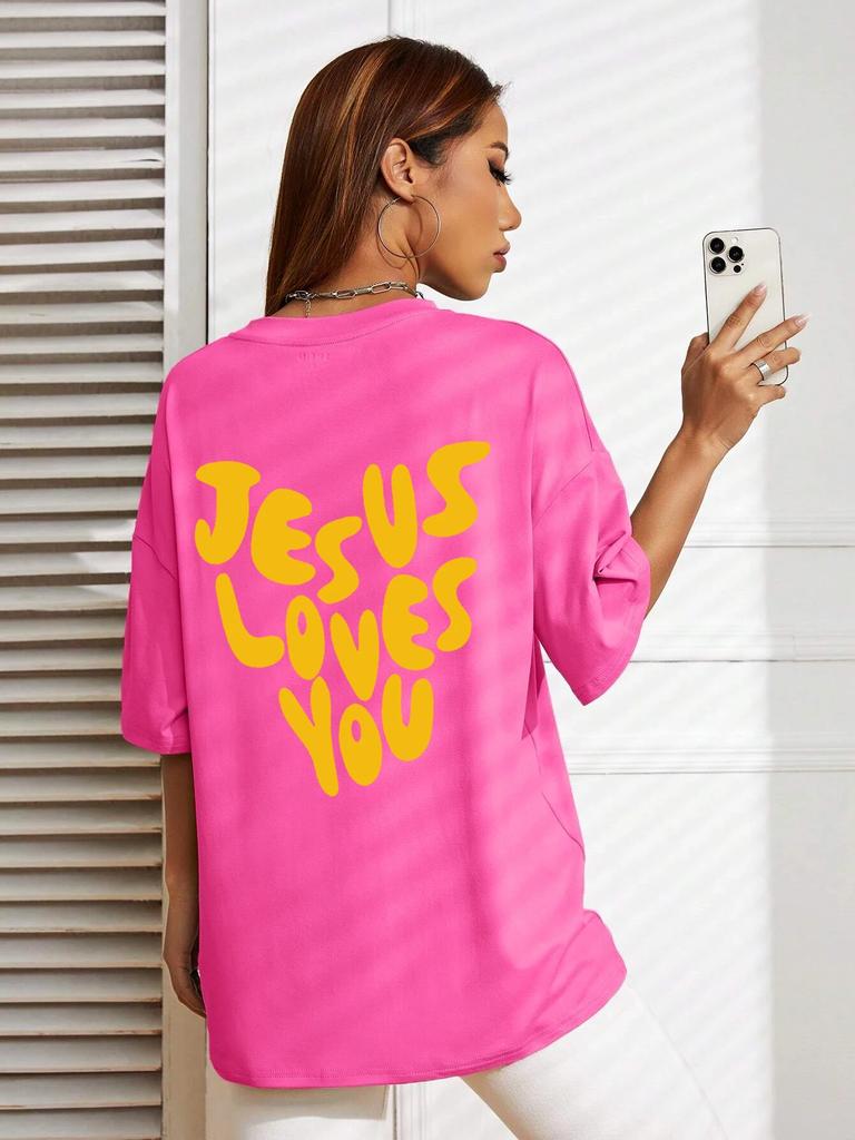 Jesus liebt mich Briefdrucke Damen Baumwoll-T-Shirts Mode O-Ausschnitt Oversize-Oberteile Lässig Locker Weich Kurzarm Damenbekleidung