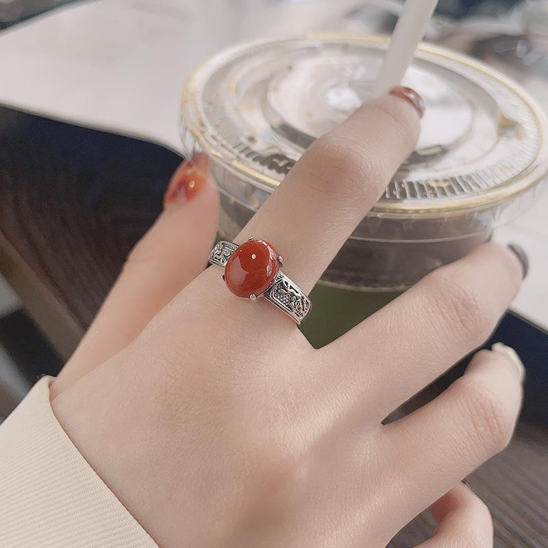 Adjustable Open Ring With Ethnic Totem Inlay Vintage Oxidized Copper Band Red Agate Accent Unisex Boho Statement Jewelry