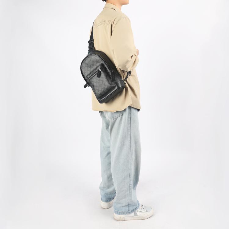 Coach Borsa a Tracolla Uomo West 20 Logo Classico Tasca Multifunzionale Tela Rivestita e Pelle Tracolla Nera 2853-QBAF4